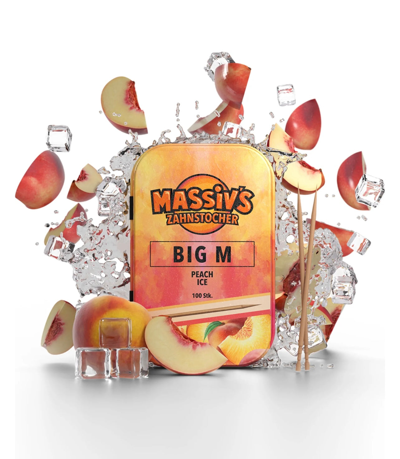 Massiv's Zahnstocher - Zahnstocher mit Geschmack – BIG M Pfirsich Ice – 100 aromatisierte Zahnstocher – frischer Atem – stylische Metalldose – vegan, zuckerfrei, kalorienfrei