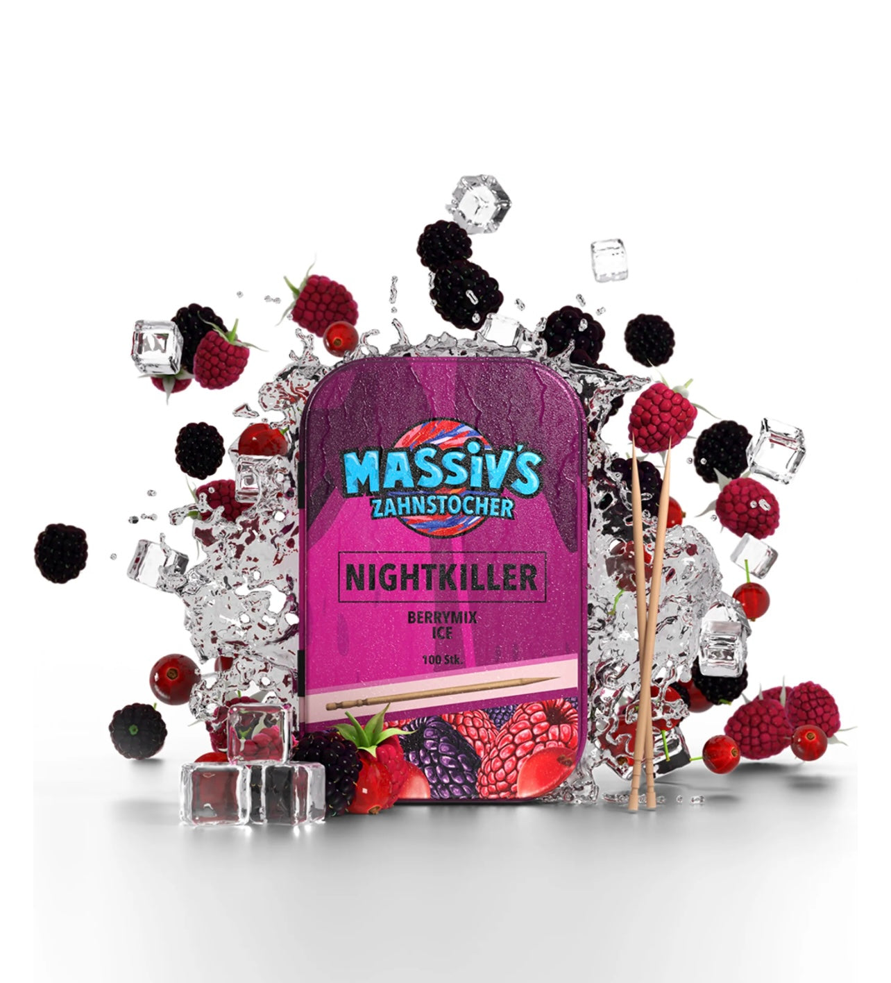 Massiv's Zahnstocher - Zahnstocher mit Geschmack – NIGHTKILLER Berrymix Ice – 100 aromatisierte Zahnstocher – frischer Atem – stylische Metalldose – vegan, zuckerfrei, kalorienfrei