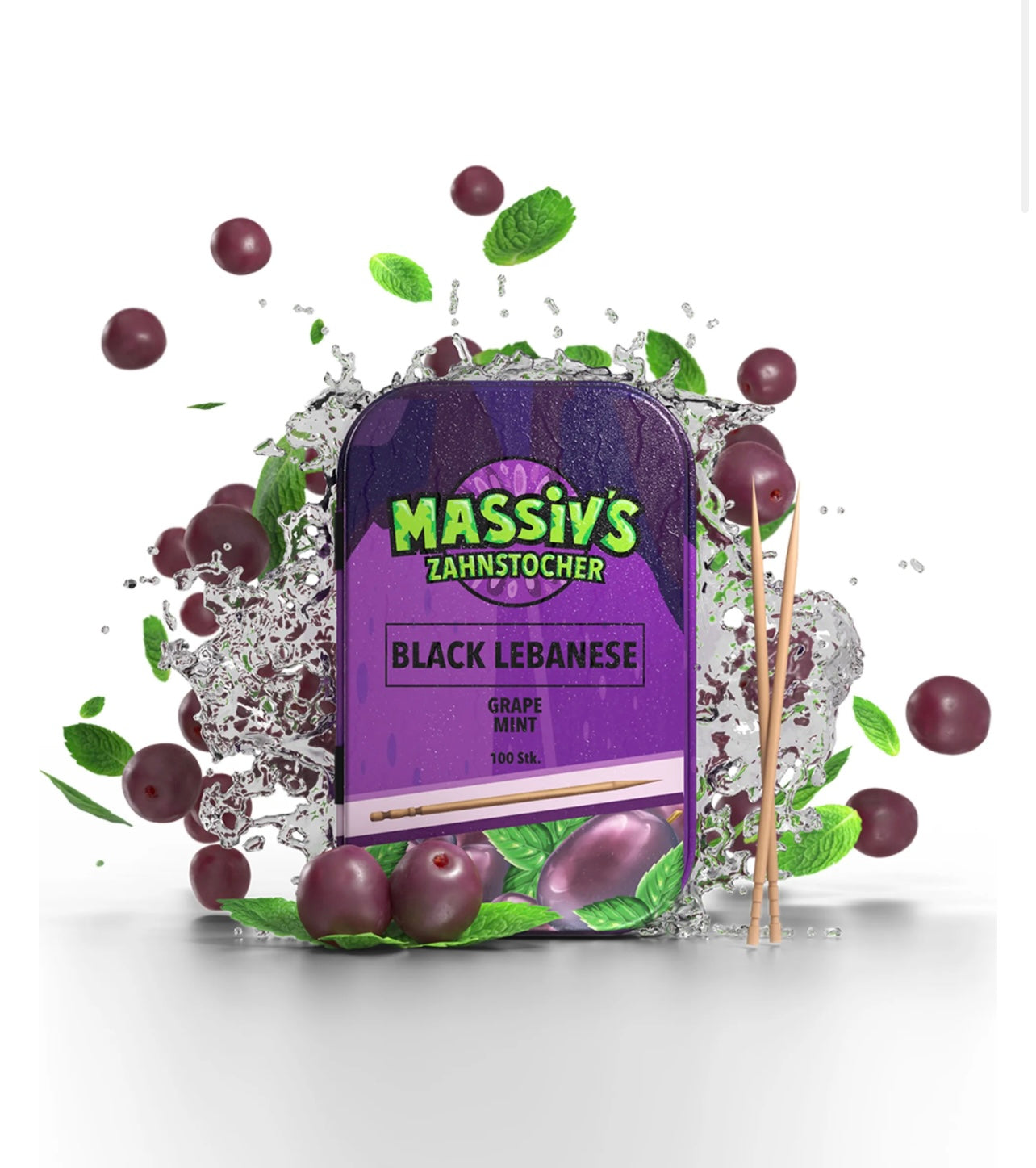 Massiv's Zahnstocher - Zahnstocher mit Geschmack – BLACK LEBANESE Grape Mint – 100 aromatisierte Zahnstocher – frischer Atem – stylische Metalldose – vegan, zuckerfrei, kalorienfrei