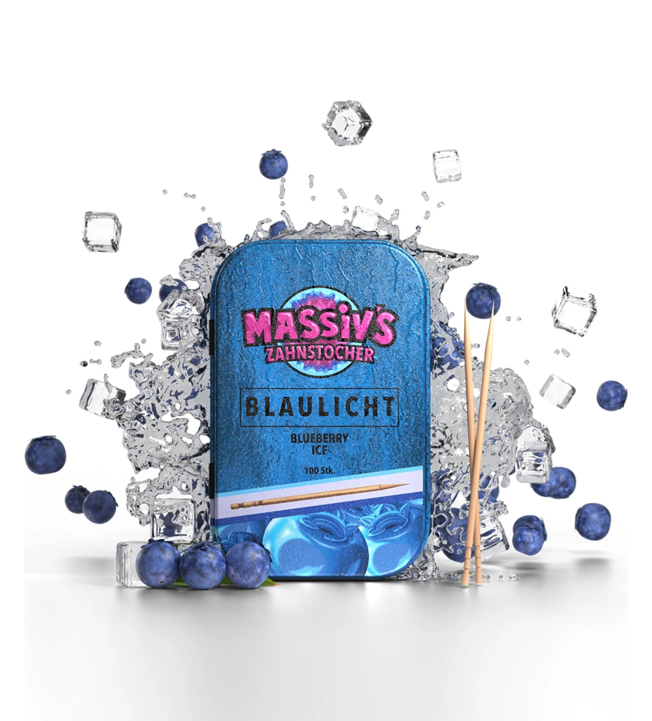 Massiv's Zahnstocher - Zahnstocher mit Geschmack – BLAULICHT Blueberry Ice – 100 aromatisierte Zahnstocher – frischer Atem – stylische Metalldose – vegan, zuckerfrei, kalorienfrei